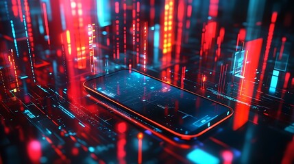 Poster - A glowing smartphone in a futuristic cityscape of red and blue lights.