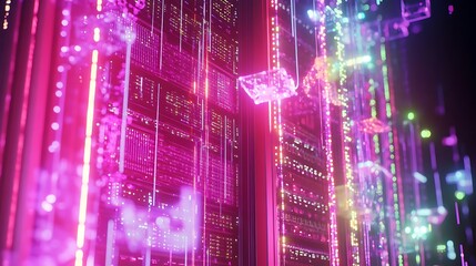 Poster - Abstract server room with neon lights.