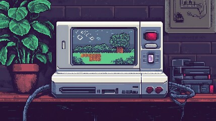 Poster - Pixel art of retro gaming setup with TV, game console, and plant on a shelf.