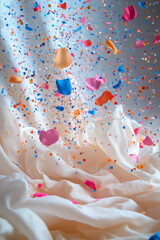 Poster - Subtle, clean-up scene with wrinkled napkins and leftover confetti on a plain surface, highlighting minimal post-event calm,