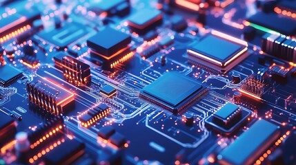 Aufkleber - Closeup of glowing circuit board with integrated chips.