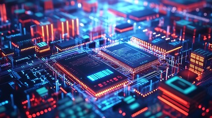 Poster - Abstract futuristic circuit board with glowing processors.