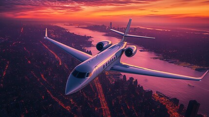 Poster - Private jet flying over city skyline at sunset.