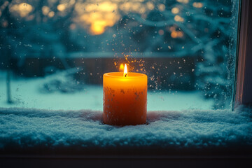 Poster - Single candle on a windowsill with snowy scenery outside, capturing the warmth and quiet of winter in a minimal style,