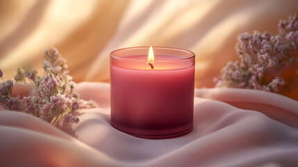Poster - Single burgundy candle on a light backdrop, creating a cozy and sophisticated winter vibe,