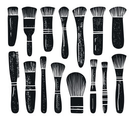 Wall Mural - makeup brushes hand-drawn linocut grunge texture vector set white background with distressed design 