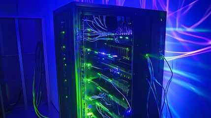Poster - Server rack with glowing green and blue lights.