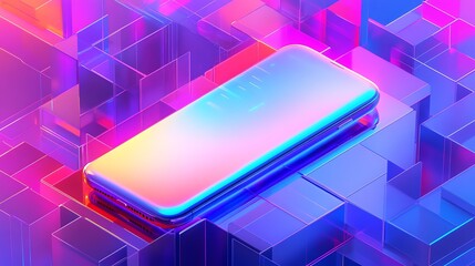 Poster - A modern smartphone with a holographic finish rests on a vibrant geometric platform.