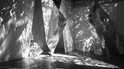 Poster - An artistic display of white abstract shapes and shadows cast on a wall, creating an intriguing interplay of light and texture for contemporary art.