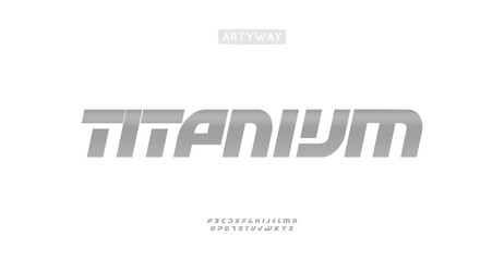 Aufkleber - Bold cropped alphabet, italic letters with sleek polished titanium gradient, dynamic futuristic impactful font for tech branding, racing logos, striking industrial titles. Vector typeset.