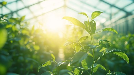 Poster - Bright Sunlight Filtering Through a Greenhouse, Illuminating Fresh Green Plants and Creating a Peaceful Atmosphere for Growth and Nature Appreciation
