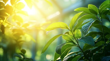 Poster - Vibrant Green Leaves Bathed in Golden Sunlight Creating a Serene Atmosphere in a Lush Greenhouse Environment with Soft Bokeh Background Effects
