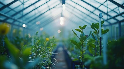 Poster - Lush Greenhouse Interior with Various Plants Illuminated by Soft Natural Light in a Serene Agricultural Environment