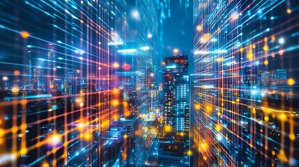 Poster - Abstract futuristic city with glowing lines and lights.