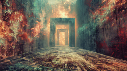 Poster - A vibrant digital illustration of a futuristic corridor filled with colorful cosmic elements, creating a surreal and otherworldly atmosphere for sci-fi art.