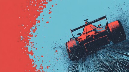 Aufkleber - A red and blue illustration of a Formula 1 race car in motion with a spray paint effect.