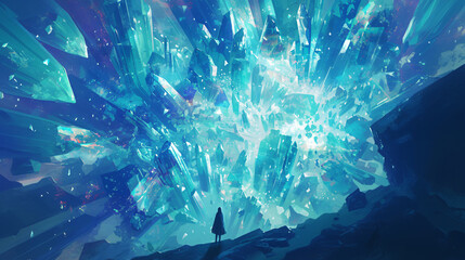 Poster - A captivating digital artwork depicting a dramatic explosion of crystals in shades of blue, creating a mystical and enchanting scene for fantasy art.