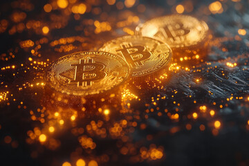 Poster - Abstract cryptocurrency background with floating coin symbols and interconnected circuit lines, giving a high-tech feel,