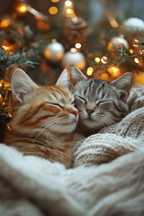 Poster - Wide-angle shot of two loving animals surrounded by Christmas decorations, captured in soft, warm lighting,