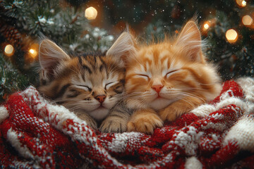 Poster - Cinematic Christmas scene of two animals nestled together, with soft lighting and a cozy, warm color palette of red, green, and white,