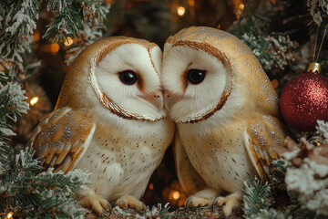 Poster - Wide-angle Christmas scene of two barn owls gently touching heads inside an old oak tree, with soft, cinematic lighting in warm red, green, and white hues,