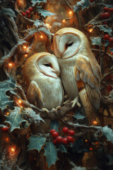 Aufkleber - Romantic Christmas shot of two barn owls nestled in an oak, softly illuminated, with a harmonious palette of festive colors,