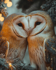 Poster - Christmas scene with two barn owls touching heads inside an oak, framed in a wide shot with festive warm lighting,