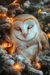 Poster - Cinematic Christmas moment with two barn owls snuggled in an oak, softly glowing in warm holiday hues,