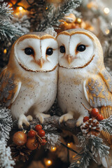 Poster - Cinematic Christmas moment with two barn owls snuggled in an oak, softly glowing in warm holiday hues,