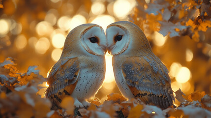 Poster - Beautiful wide-angle Christmas image of two barn owls in an oak, touching heads under soft, warm light with festive colors,
