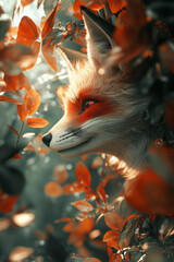 Poster - Expansive, warmly lit shot of foxes touching heads in an oak, with soft red and green highlights for a festive feel,