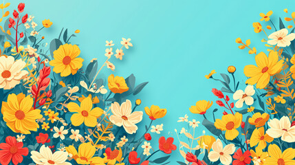 Poster - A lively floral illustration filled with multi-colored flowers and greenery against a turquoise backdrop, evoking a sense of spring and nature for floral design.
