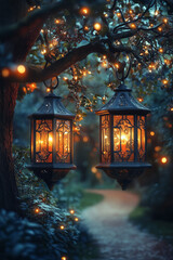 Poster - Romantic holiday shot of two old-fashioned lanterns nestled close under an oak tree, casting a warm, soft glow with Christmas colors,