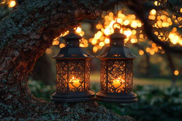 Poster - Wide-angle Christmas scene of two vintage lanterns touching edges beneath an old oak tree, softly illuminated with festive red, green, and white tones,