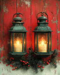 Poster - Christmas scene with two vintage lanterns side by side beneath an oak, casting warm light in a harmonious red, green, and white palette,