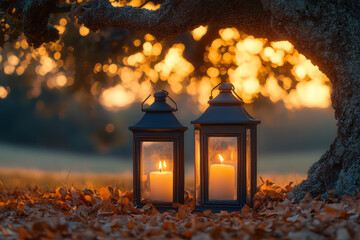 Poster - Wide-frame holiday shot of two lanterns nestled under an oak, their light casting soft shadows in gentle Christmas hues,