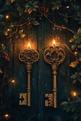 Poster - Retro-style drawing of two old-fashioned keys entwined on a branch, surrounded by warm candlelight and holiday colors,