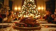 © Tik - grand Christmas dinner with a beautifully set table, a roast turkey in the center, and family members clinking glasses and sharing stories in a warm, festive atmosphere.