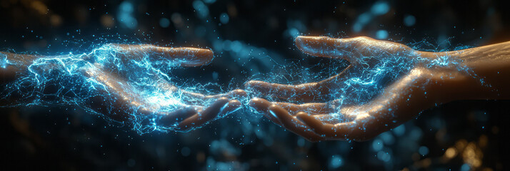 Aufkleber - Digital, high-tech scene of two hands reaching out, with energy patterns connecting their fingertips in a blue and silver palette,