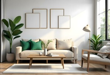 A modern living room with a beige sofa, green and white throw pillows, a wooden coffee table, and two empty frames on the wall.