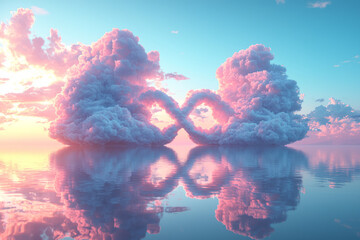 Leinwandbilder - Surreal 3D illustration of two clouds merging to form an infinity symbol, floating in a pastel sky with soft pink and blue hues,