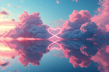 Aufkleber - Surreal 3D illustration of two clouds merging to form an infinity symbol, floating in a pastel sky with soft pink and blue hues,