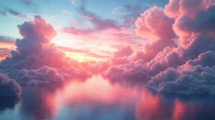 Poster - Softly lit 3D clouds shaped like infinity, floating together in a pastel sky, creating a surreal, peaceful effect,