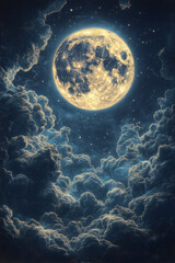Poster - Intricate engraving of a full moon and crescent, softly glowing with silver light, surrounded by a midnight-blue sky,