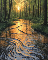 Fototapete - Abstract oil painting of intersecting streams in a lush forest, emphasizing the smooth water texture and sunlit reflections,