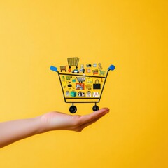 Aufkleber - A hand is positioned palm up, supporting a whimsical shopping cart filled with various colorful retail items, set against a vibrant yellow backdrop. Generative AI