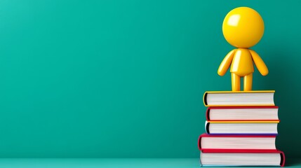 Poster - Yellow figure stands on top of a stack of books. The books are arranged in a pyramid shape, with the bottom book being the largest and the top book being the smallest