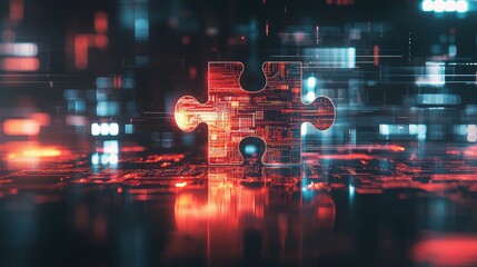 A glowing puzzle piece with a circuit board design sits on a futuristic, digital background.