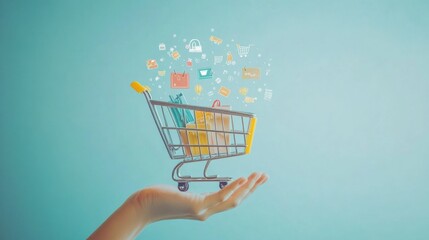 Aufkleber - A hand gently supports a stylized shopping cart filled with vibrant, abstract items against a soft, light backdrop representing retail. Generative AI