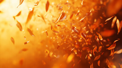 Poster - A mesmerizing image of floating autumn leaves against a soft golden background, evoking a sense of seasonal change and beauty in nature photography.